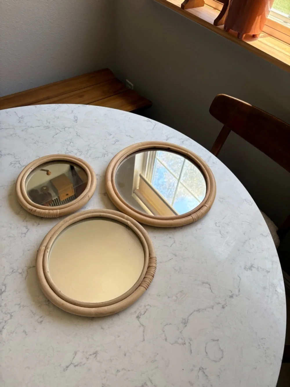Vintage Boho chic Bamboo Frame Round Wall Mirrors - Set of 3